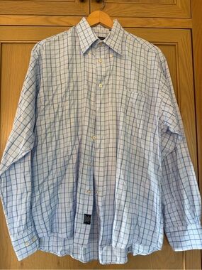 Burberry Light Blue Checked Dress Shirt Imported Cotton Button Collar / Med